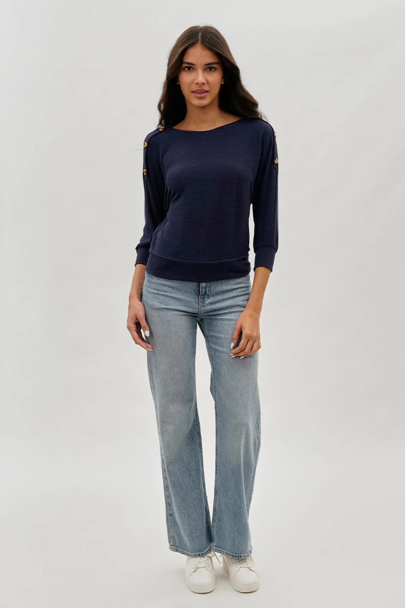 International INC Company Ribbed Button Detail Pullover Sweater - Navy - Image 5
