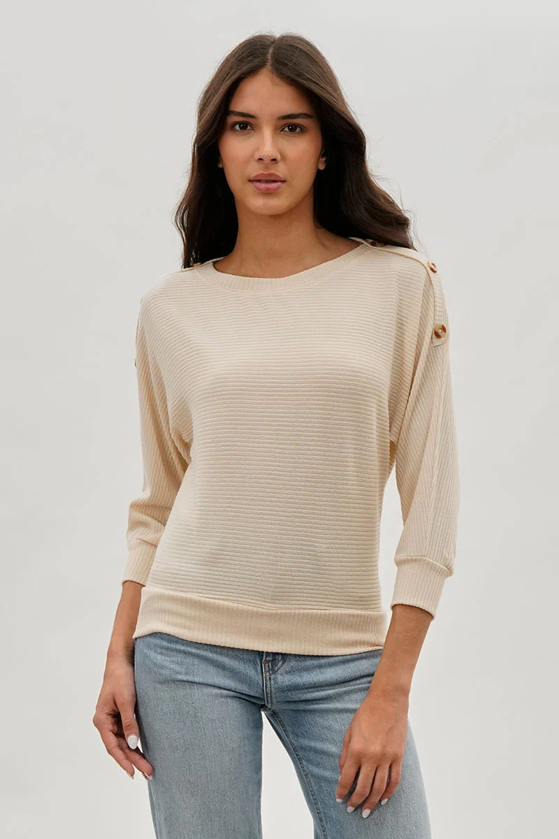 International INC Company Ribbed Button Detail Pullover Sweater - Cream