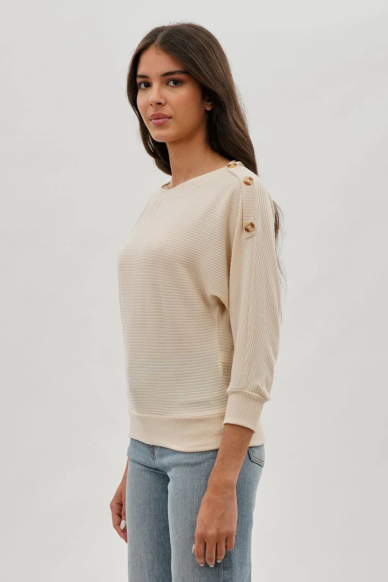International INC Company Ribbed Button Detail Pullover Sweater - Cream - Image 2