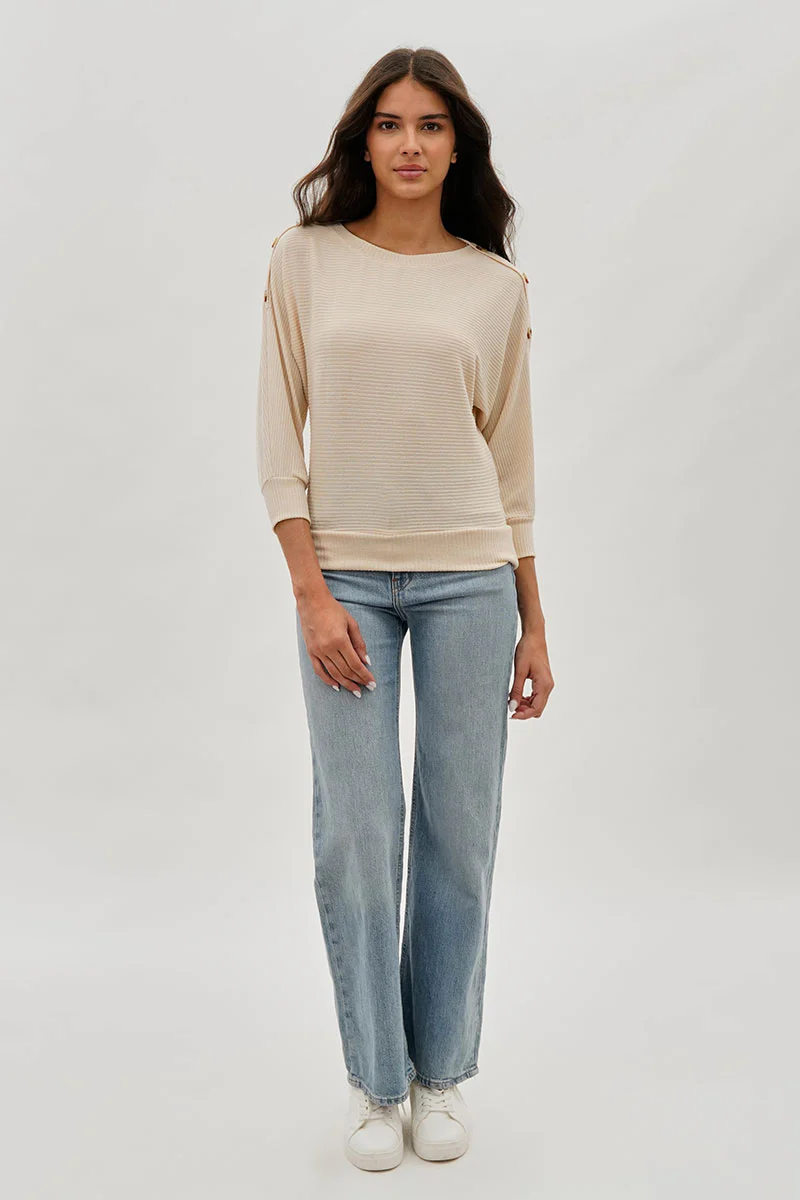 International INC Company Ribbed Button Detail Pullover Sweater - Cream - Image 5