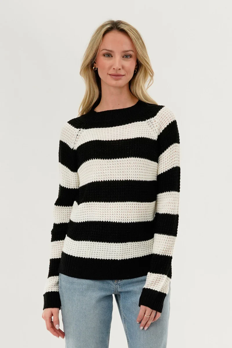 International INC Company Striped Knit Crewneck Pullover Sweater - Black
