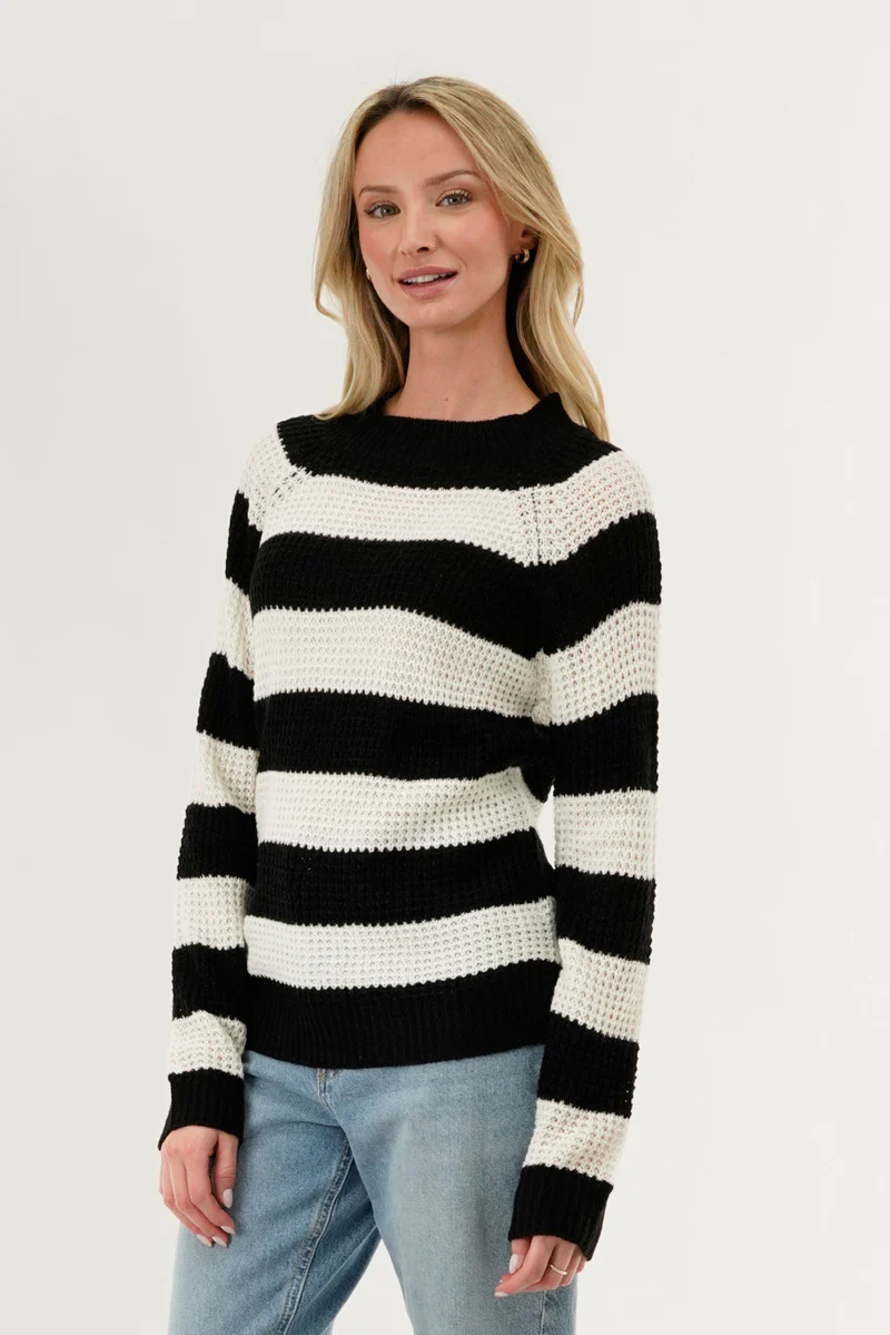 International INC Company Striped Knit Crewneck Pullover Sweater - Black - Image 2