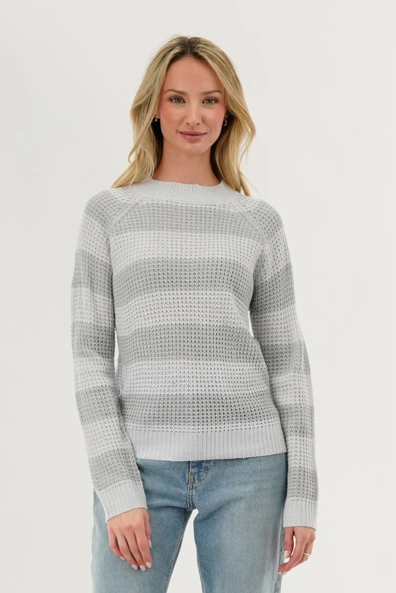 International INC Company Striped Knit Crewneck Pullover Sweater - Grey