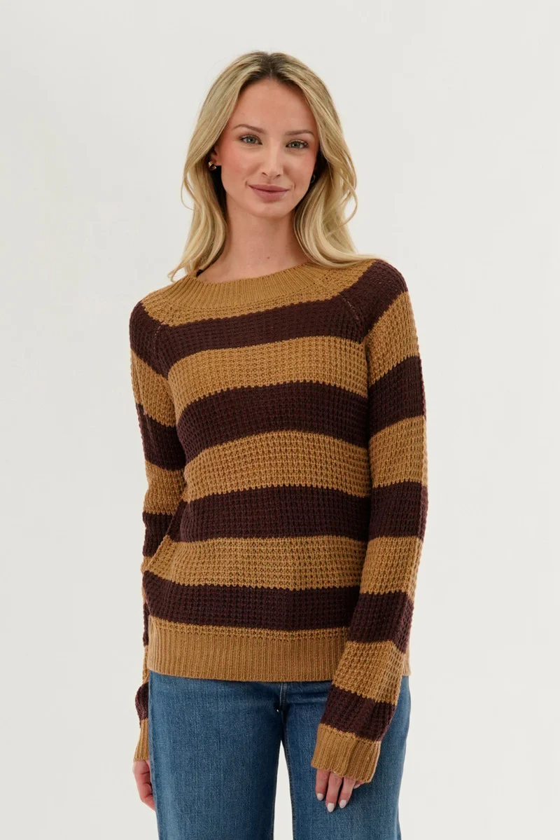 International INC Company Striped Knit Crewneck Pullover Sweater - Brown