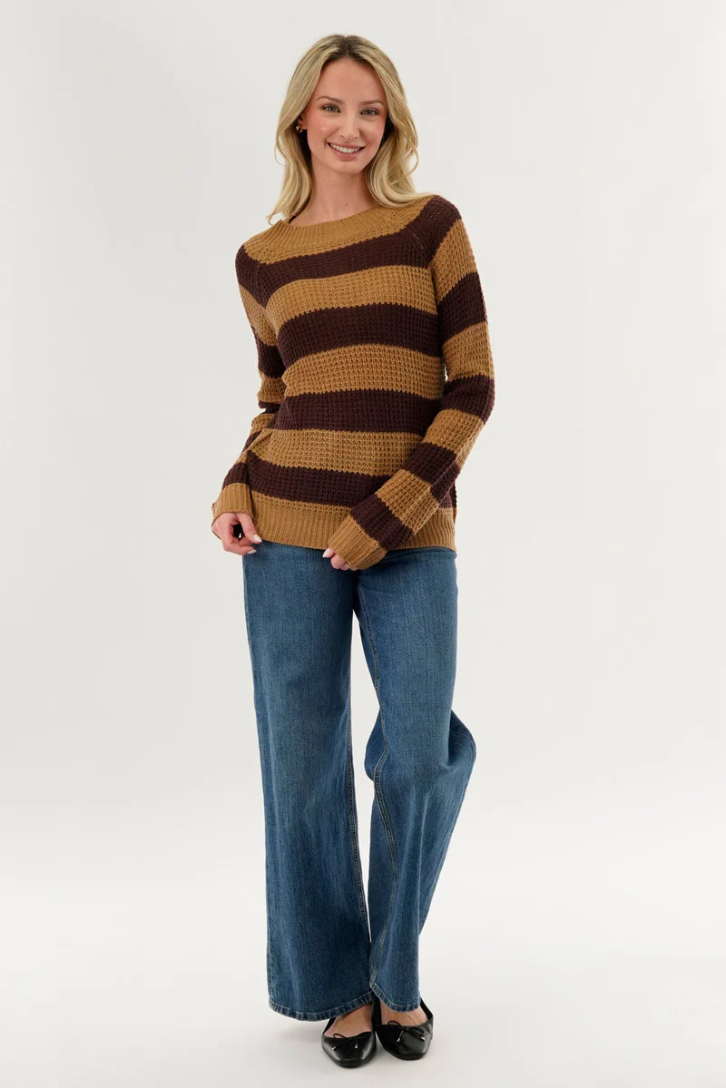 International INC Company Striped Knit Crewneck Pullover Sweater - Brown - Image 5
