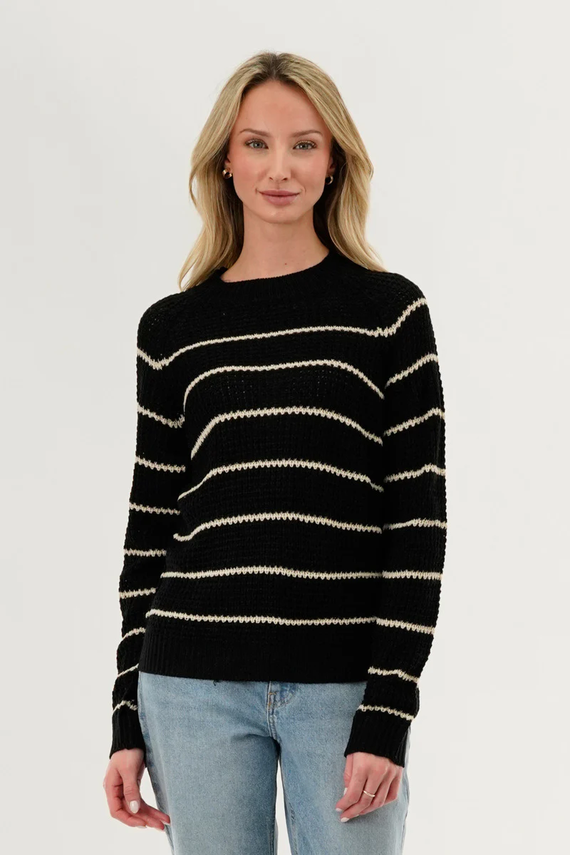 International INC Company Striped Knit Crewneck Pullover Sweater - Black