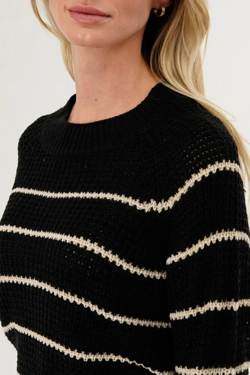International INC Company Striped Knit Crewneck Pullover Sweater - Black - Image 4