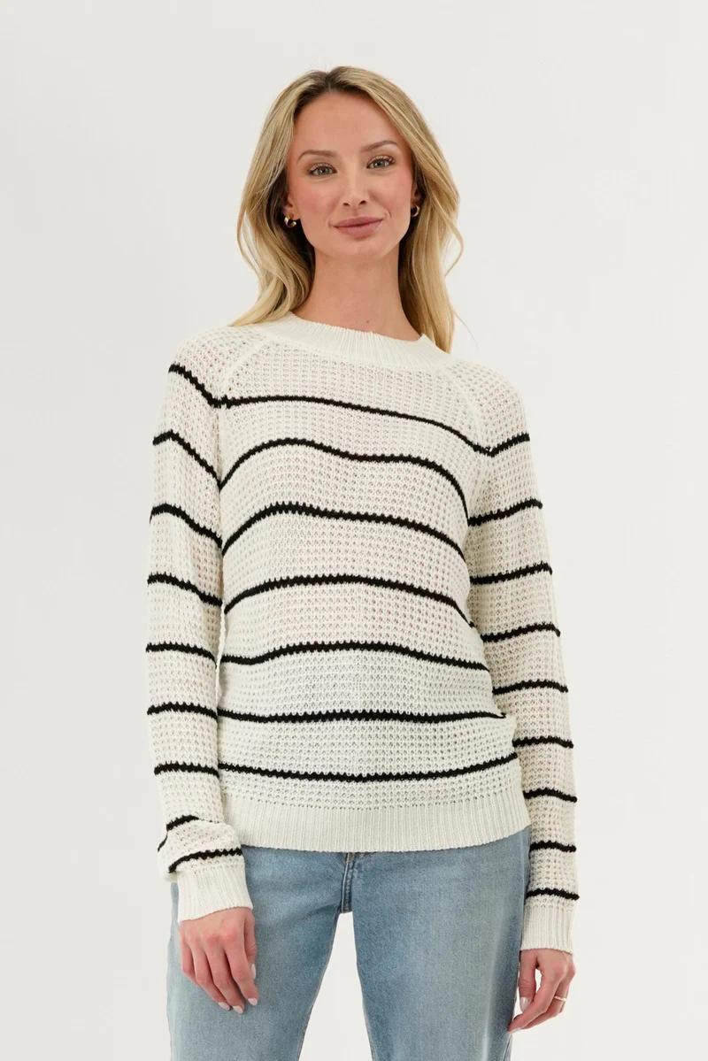 International INC Company Striped Knit Crewneck Pullover Sweater - White