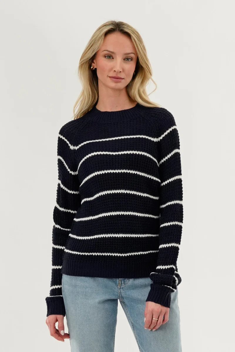 International INC Company Striped Knit Crewneck Pullover Sweater - Navy