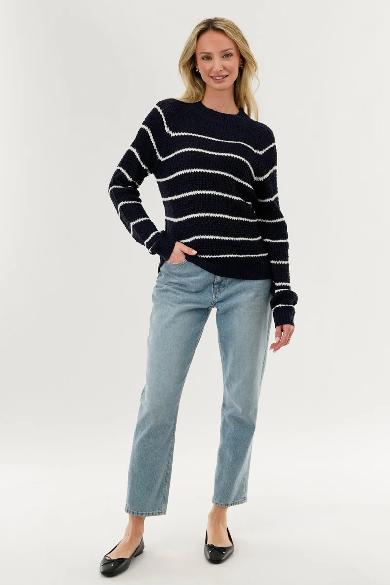 International INC Company Striped Knit Crewneck Pullover Sweater - Navy - Image 5