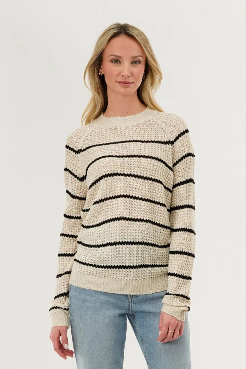 International INC Company Striped Knit Crewneck Pullover Sweater - Cream