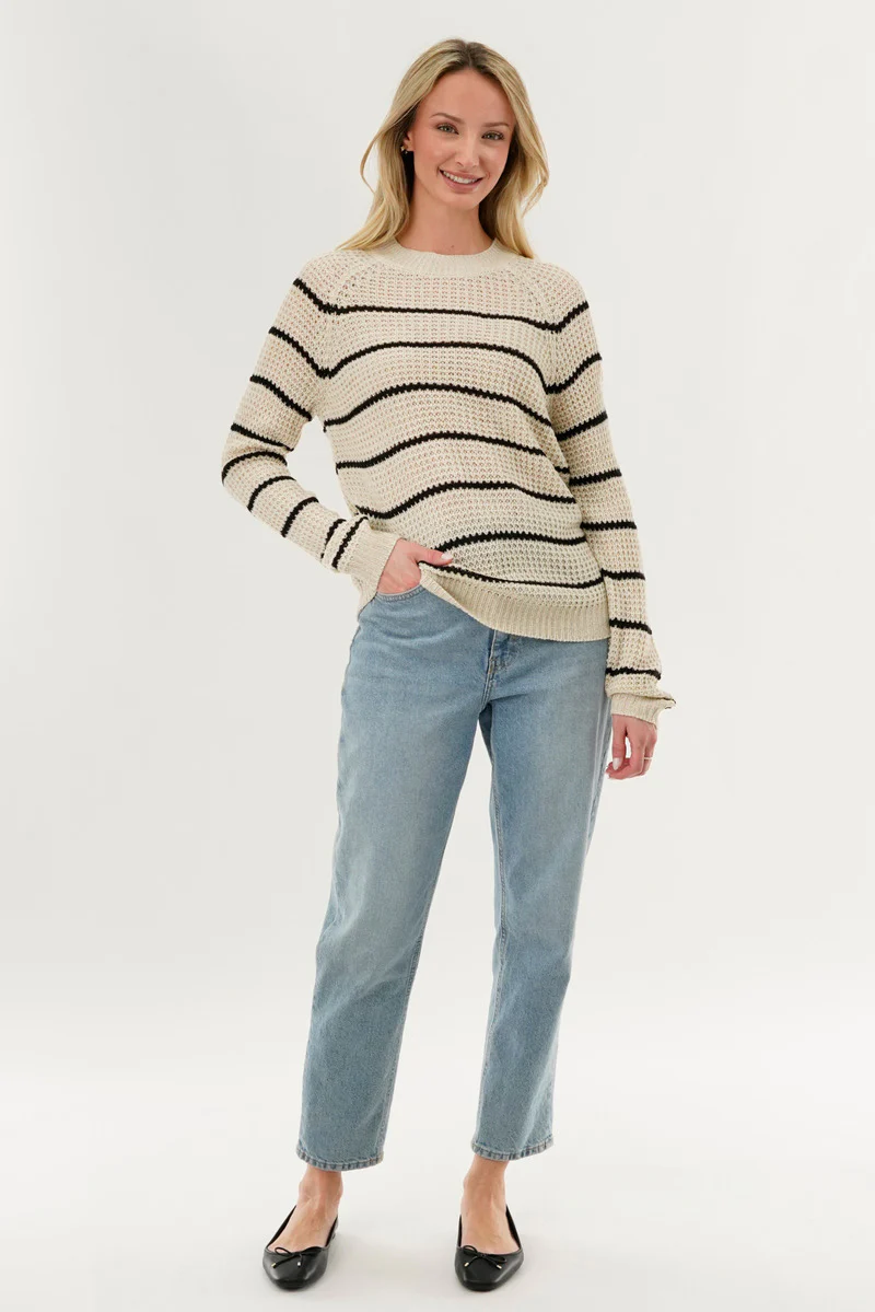 International INC Company Striped Knit Crewneck Pullover Sweater - Cream - Image 5