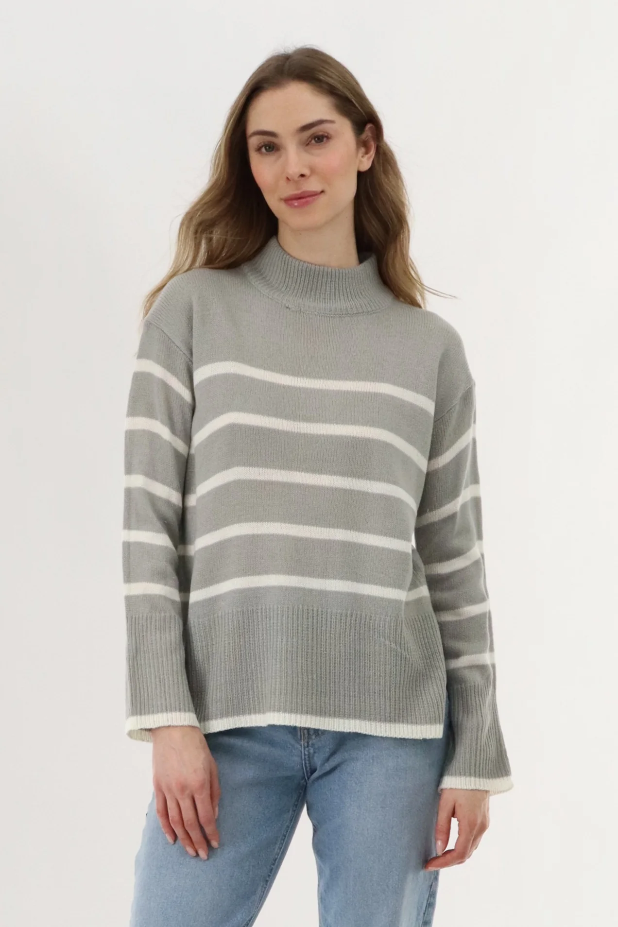 Beechers Brook Striped Knit Pullover Sweater - Grey