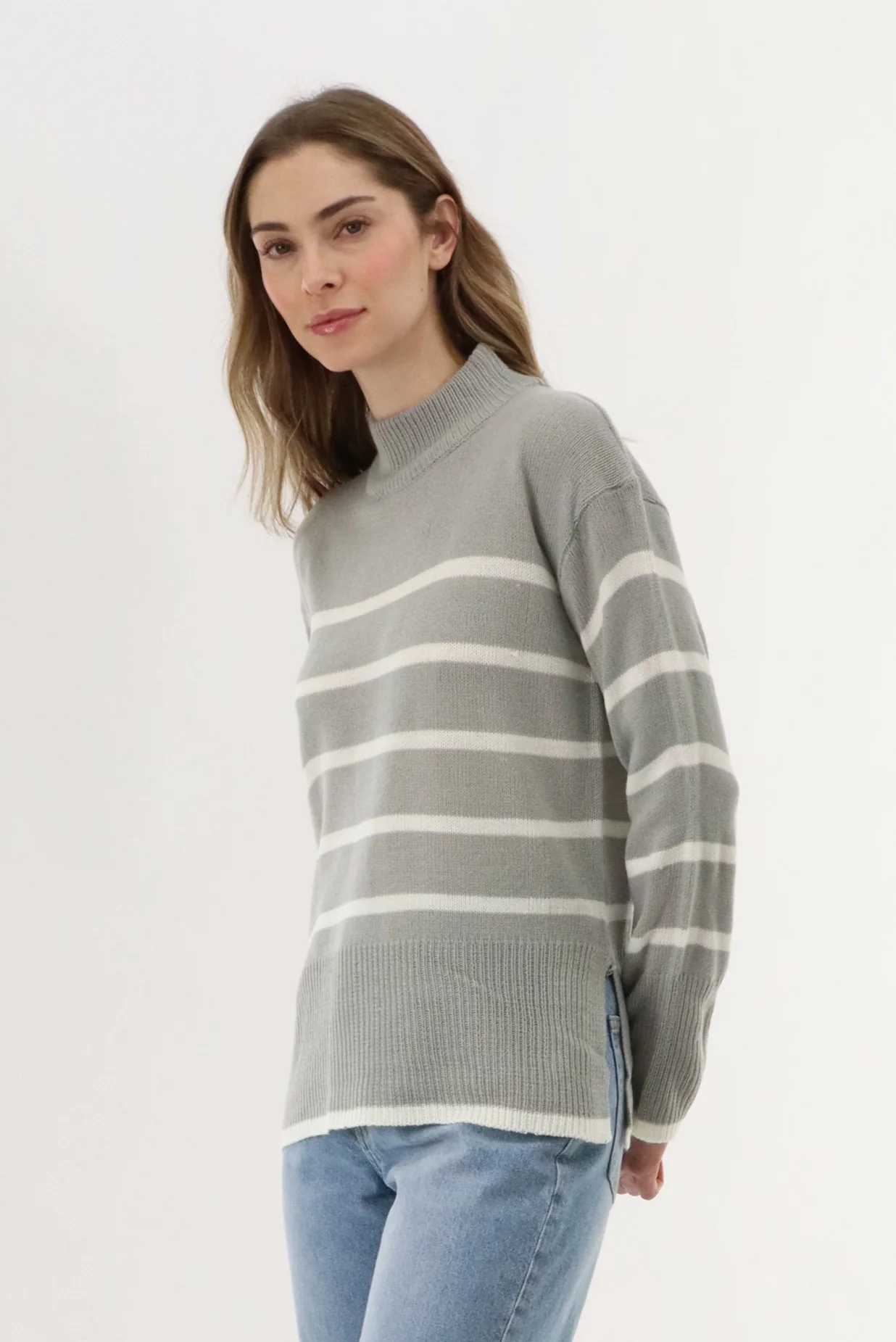 Beechers Brook Striped Knit Pullover Sweater - Grey - Image 2