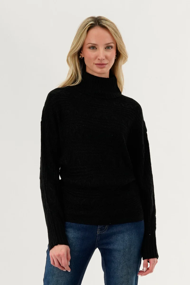 Beechers Brook Cable Knit Mock Neck Pullover Sweater - Black
