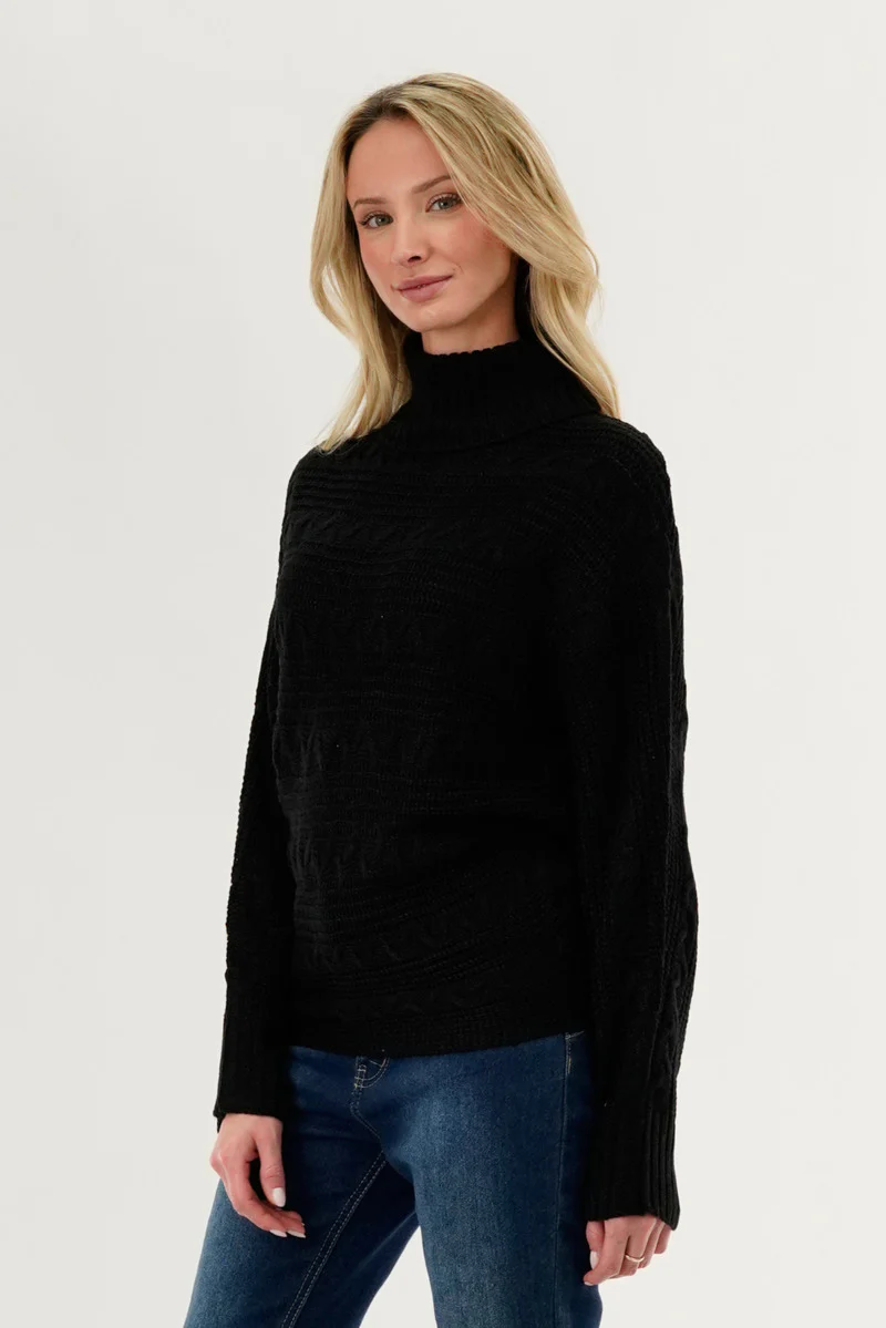 Beechers Brook Cable Knit Mock Neck Pullover Sweater - Black - Image 2