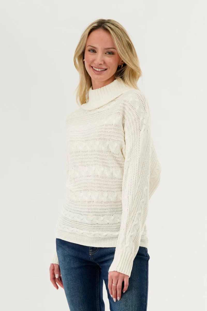 Beechers Brook Cable Knit Mock Neck Pullover Sweater - White - Image 2