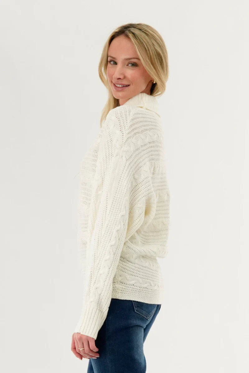 Beechers Brook Cable Knit Mock Neck Pullover Sweater - White - Image 3