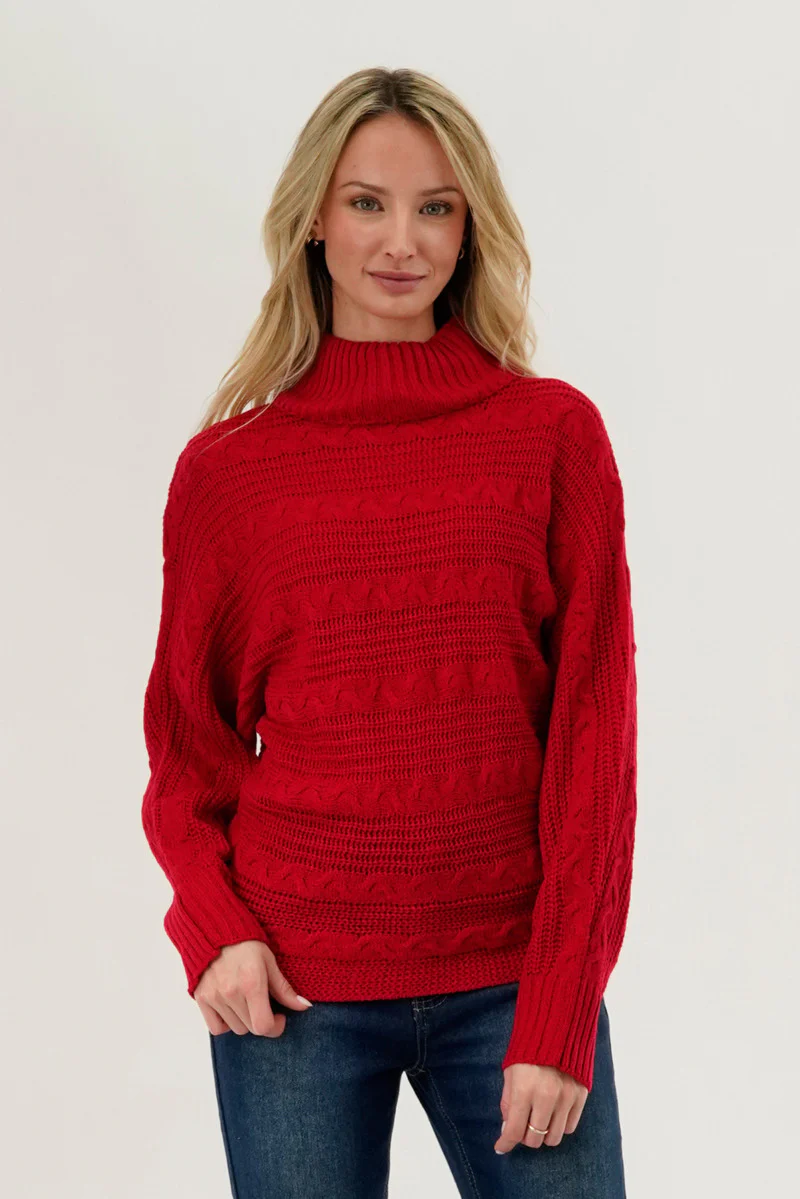 Beechers Brook Cable Knit Mock Neck Pullover Sweater - Red
