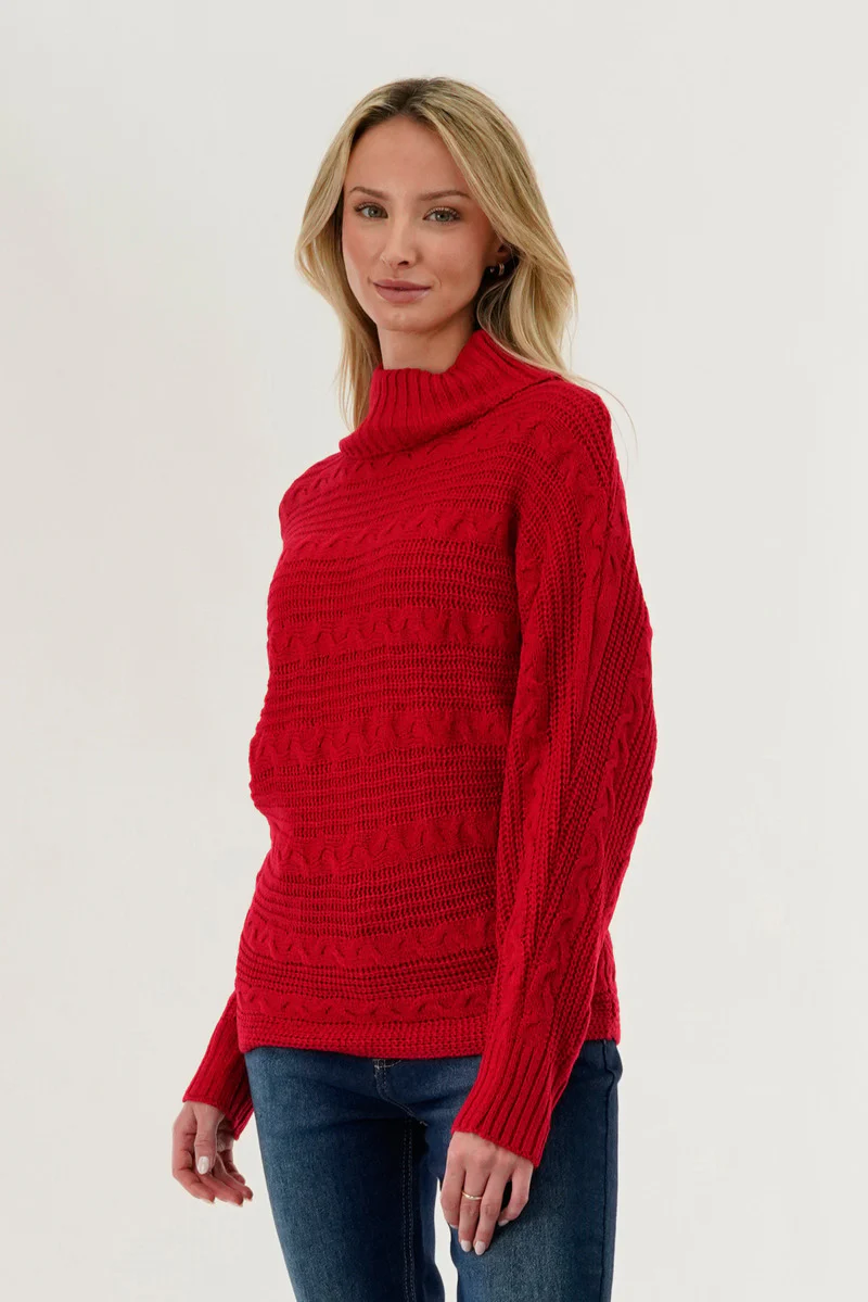 Beechers Brook Cable Knit Mock Neck Pullover Sweater - Red - Image 2