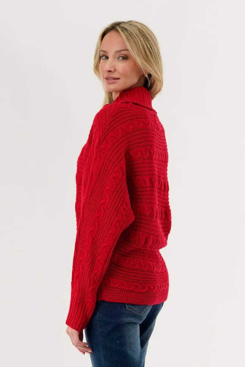 Beechers Brook Cable Knit Mock Neck Pullover Sweater - Red - Image 3