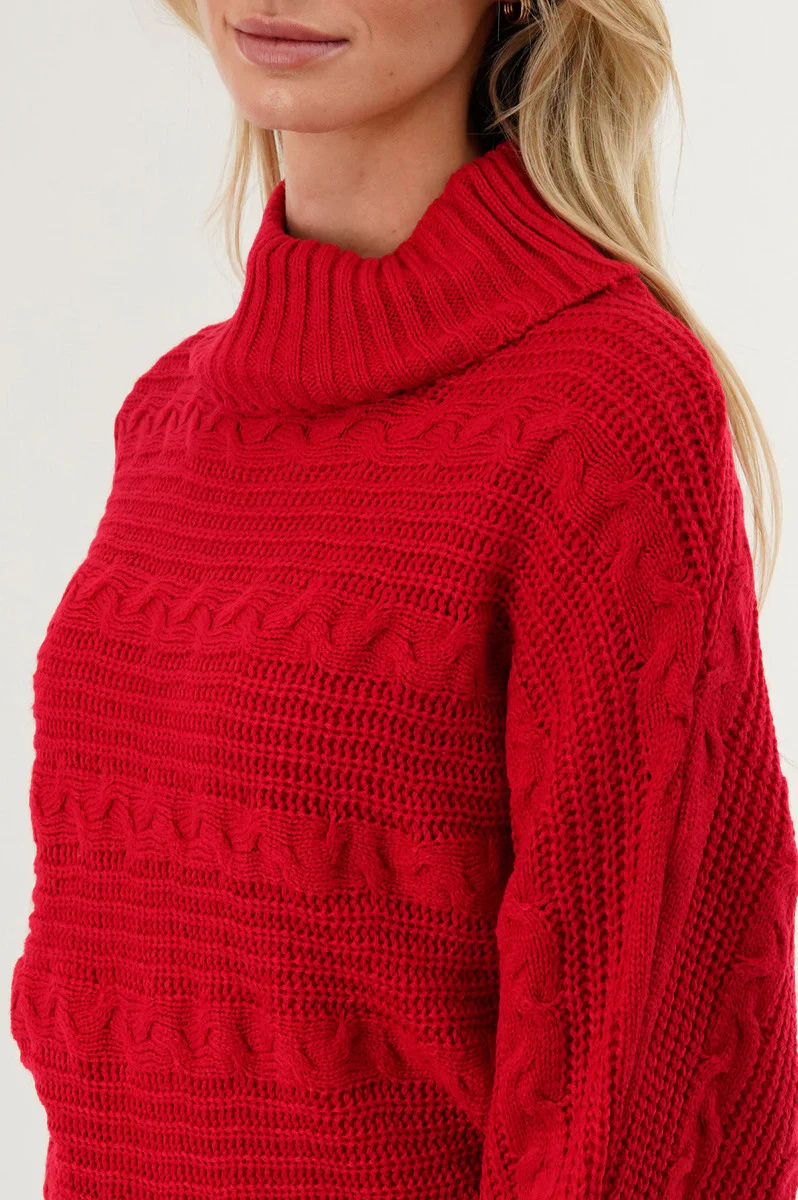Beechers Brook Cable Knit Mock Neck Pullover Sweater - Red - Image 4