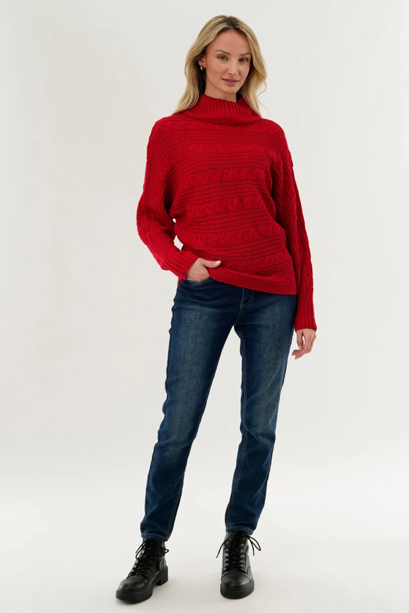 Beechers Brook Cable Knit Mock Neck Pullover Sweater - Red - Image 5
