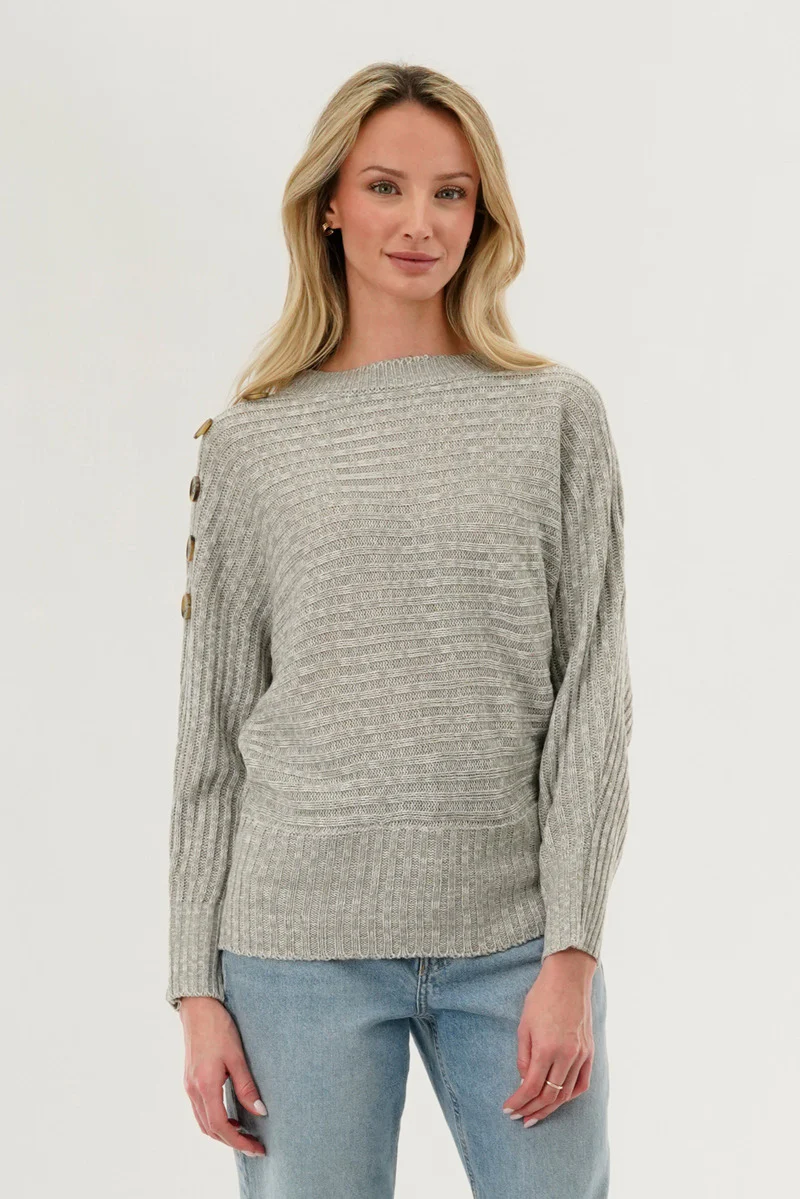 International INC Company Ribbed Button Detail Pullover Sweater - Stone
