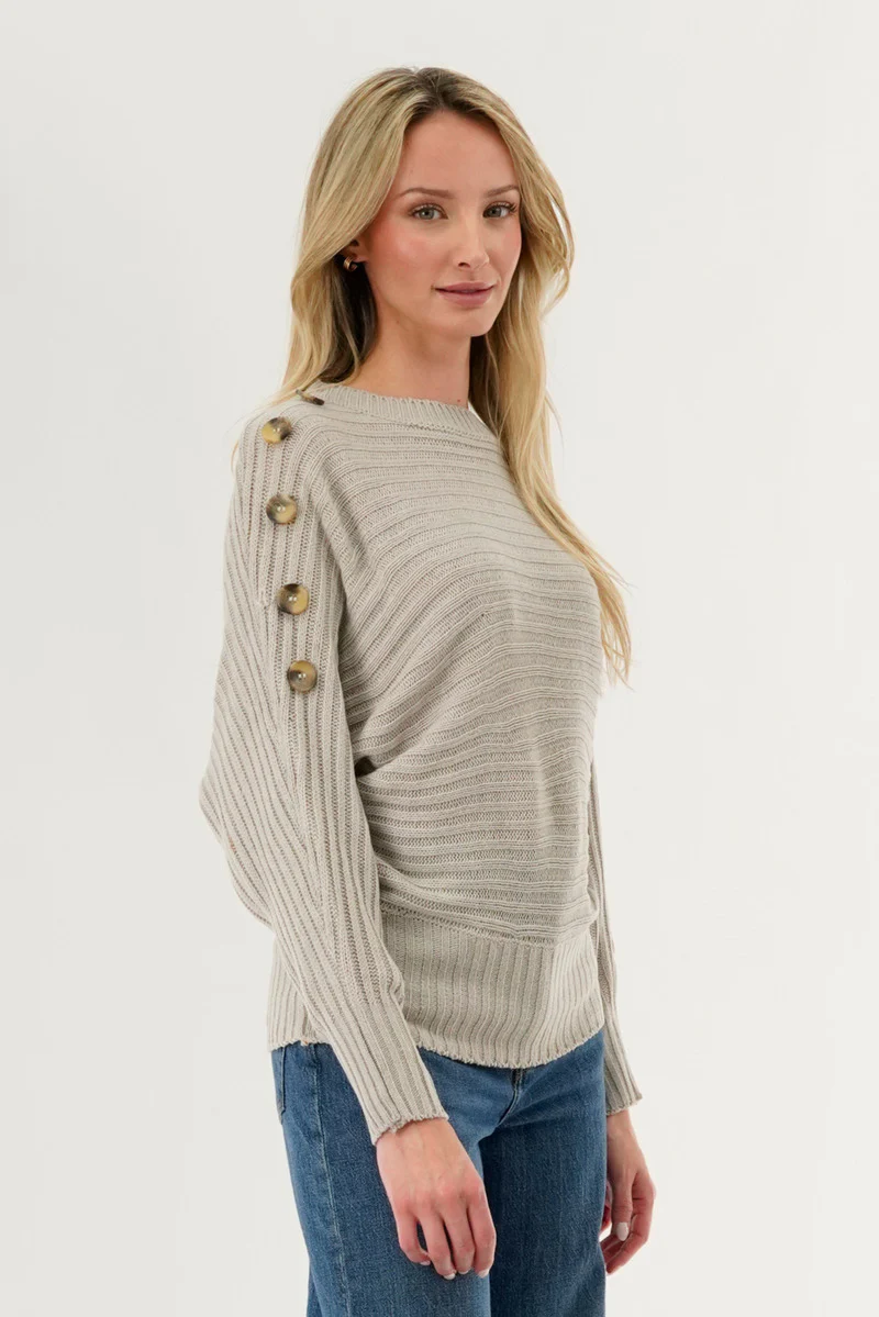 International INC Company Ribbed Button Detail Pullover Sweater - Taupe - Image 2