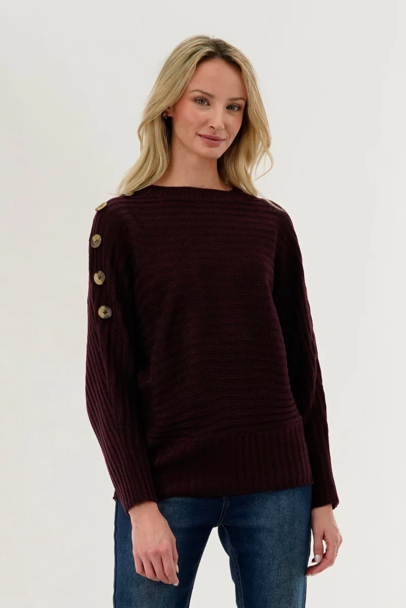 International INC Company Ribbed Button Detail Pullover Sweater - Burgundy