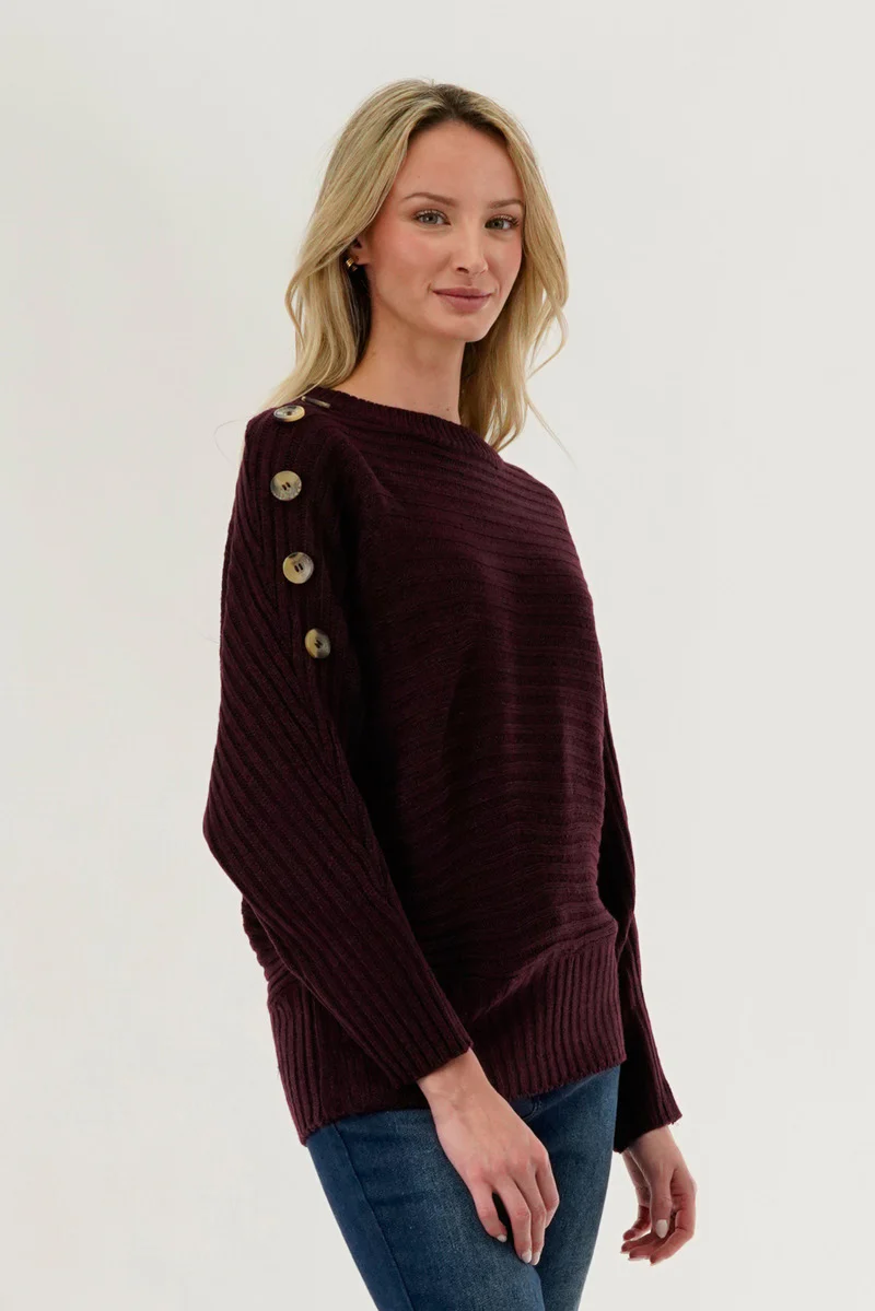 International INC Company Ribbed Button Detail Pullover Sweater - Burgundy - Image 2