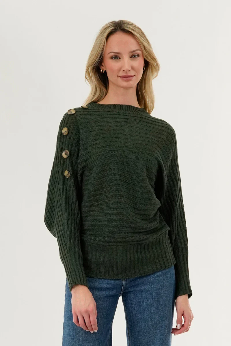 International INC Company Ribbed Button Detail Pullover Sweater - Olive