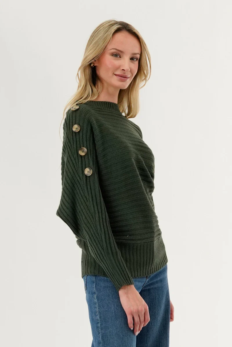 International INC Company Ribbed Button Detail Pullover Sweater - Olive - Image 2