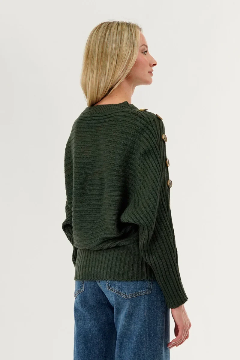 International INC Company Ribbed Button Detail Pullover Sweater - Olive - Image 3