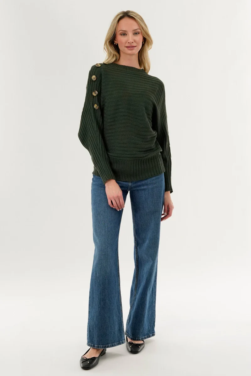 International INC Company Ribbed Button Detail Pullover Sweater - Olive - Image 5