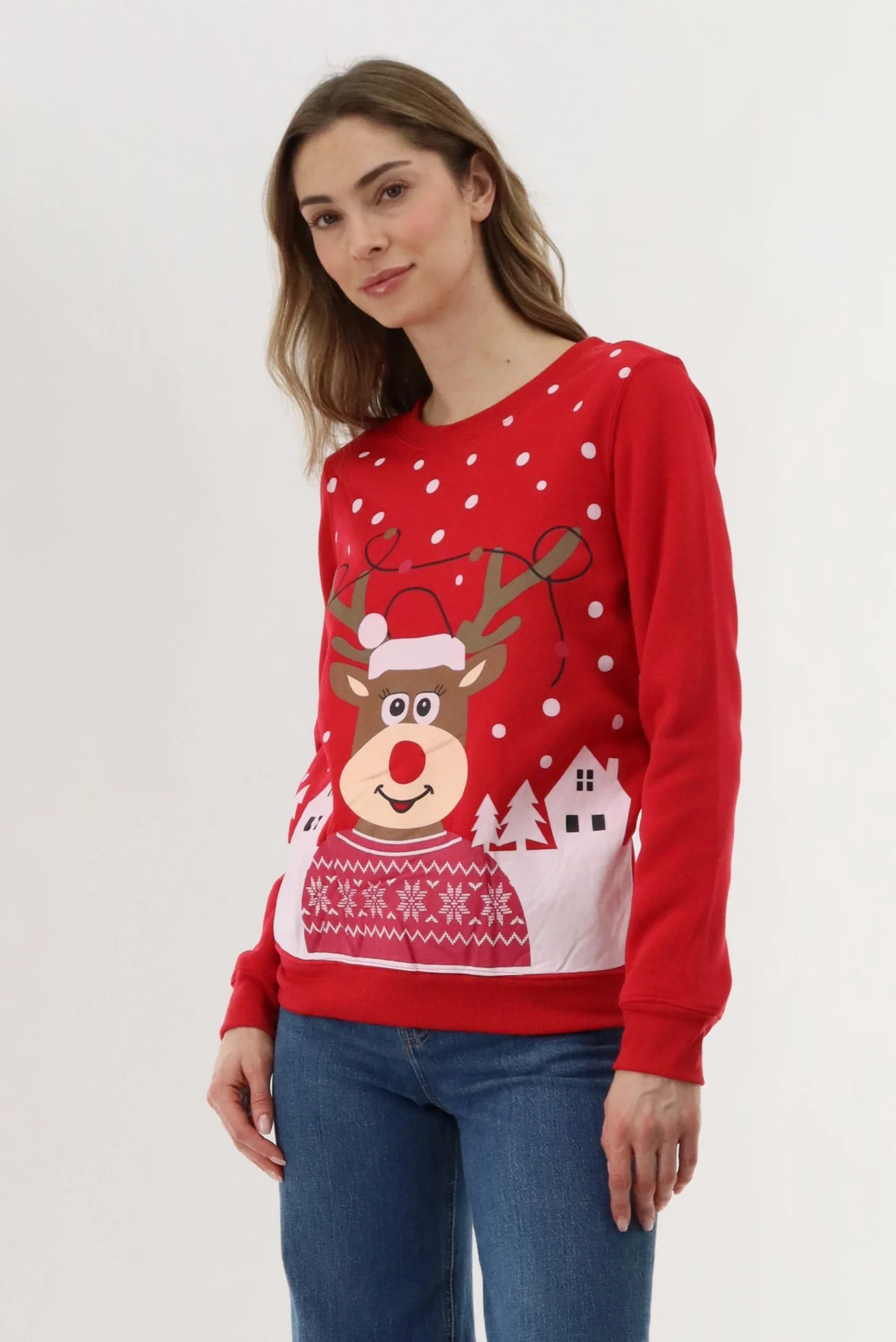 Festive Reindeer Christmas Sweater - Red - Image 2