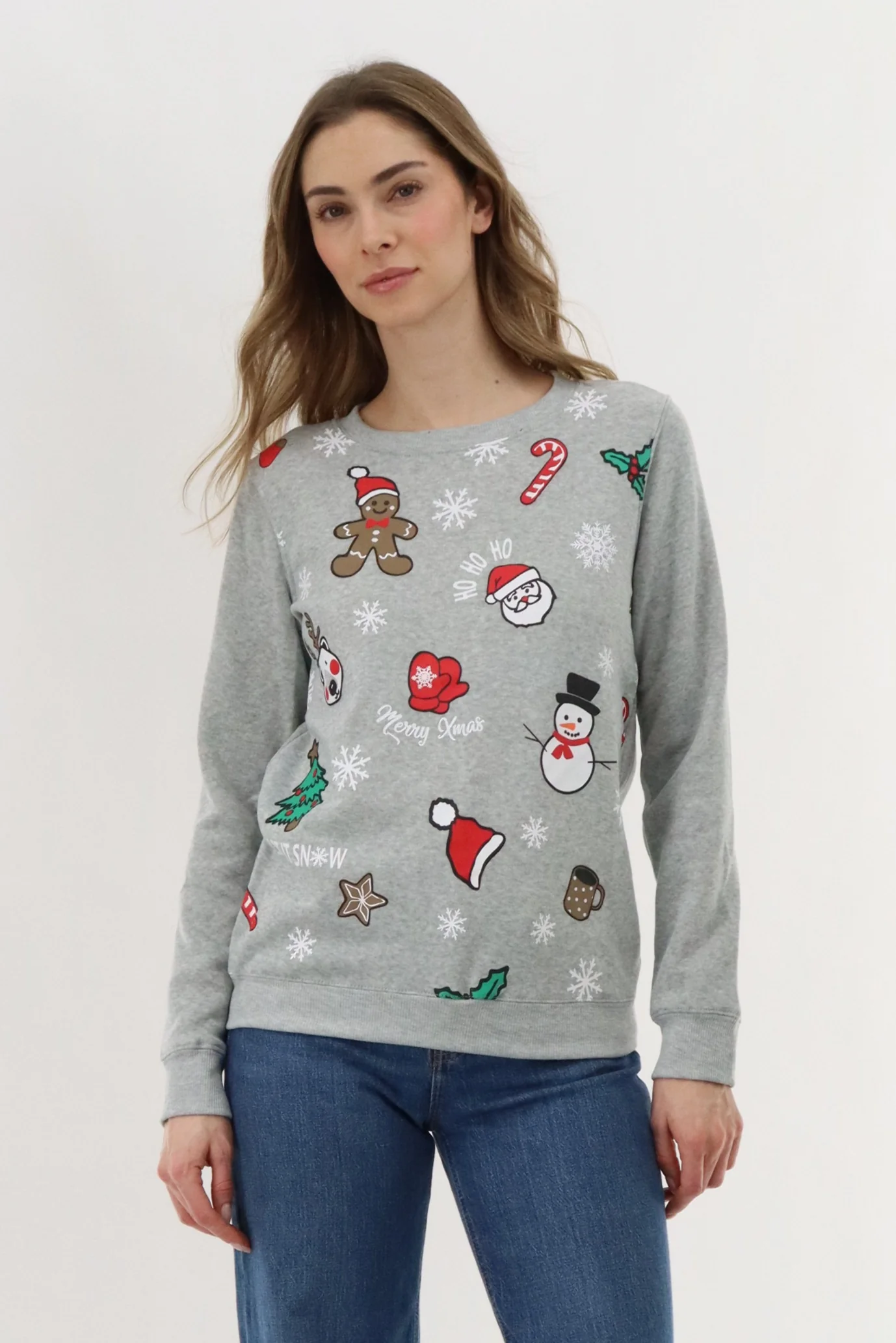 Festive Printed Christmas Sweater - Grey