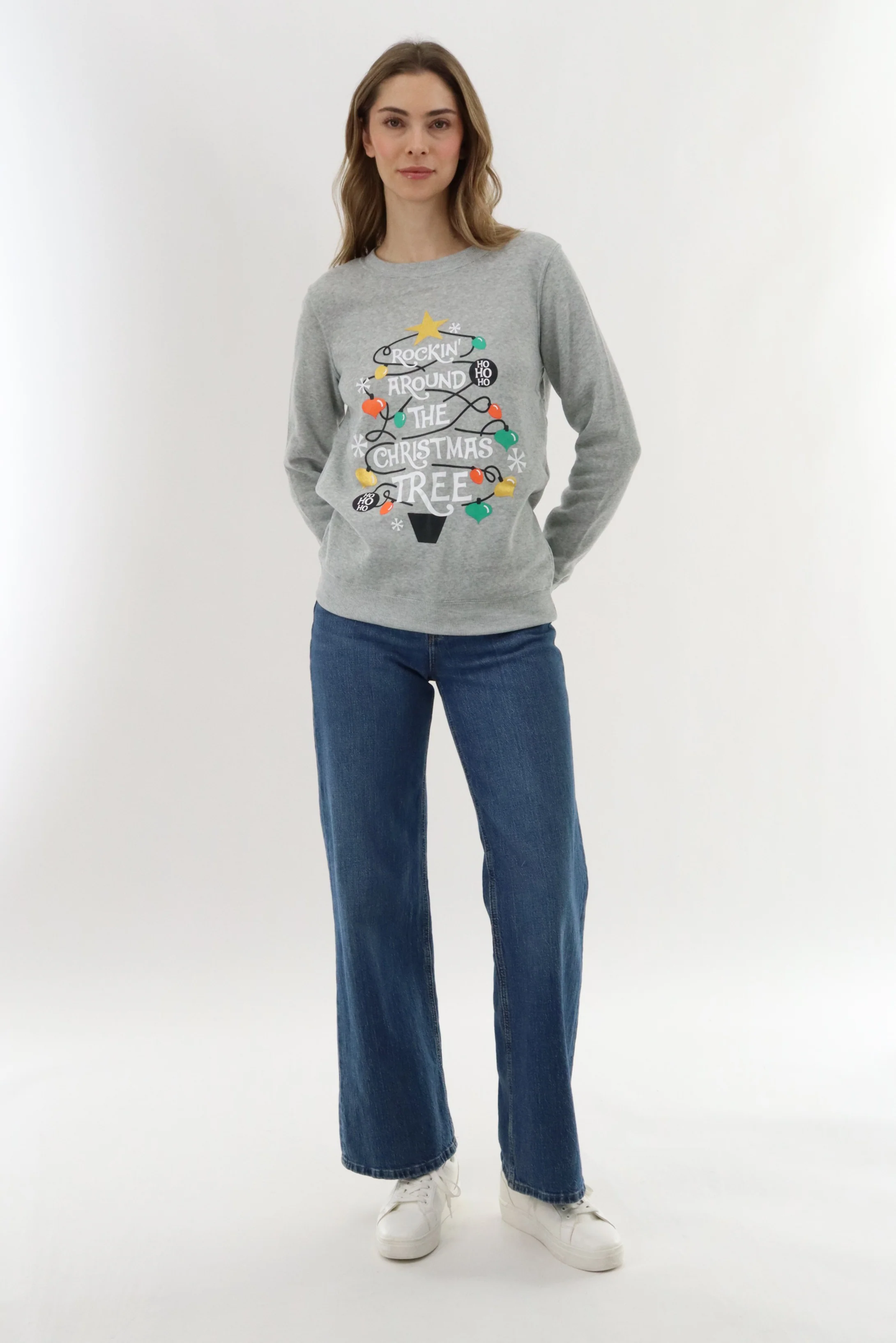Festive Rockin' Around Christmas Sweater - Grey - Image 5
