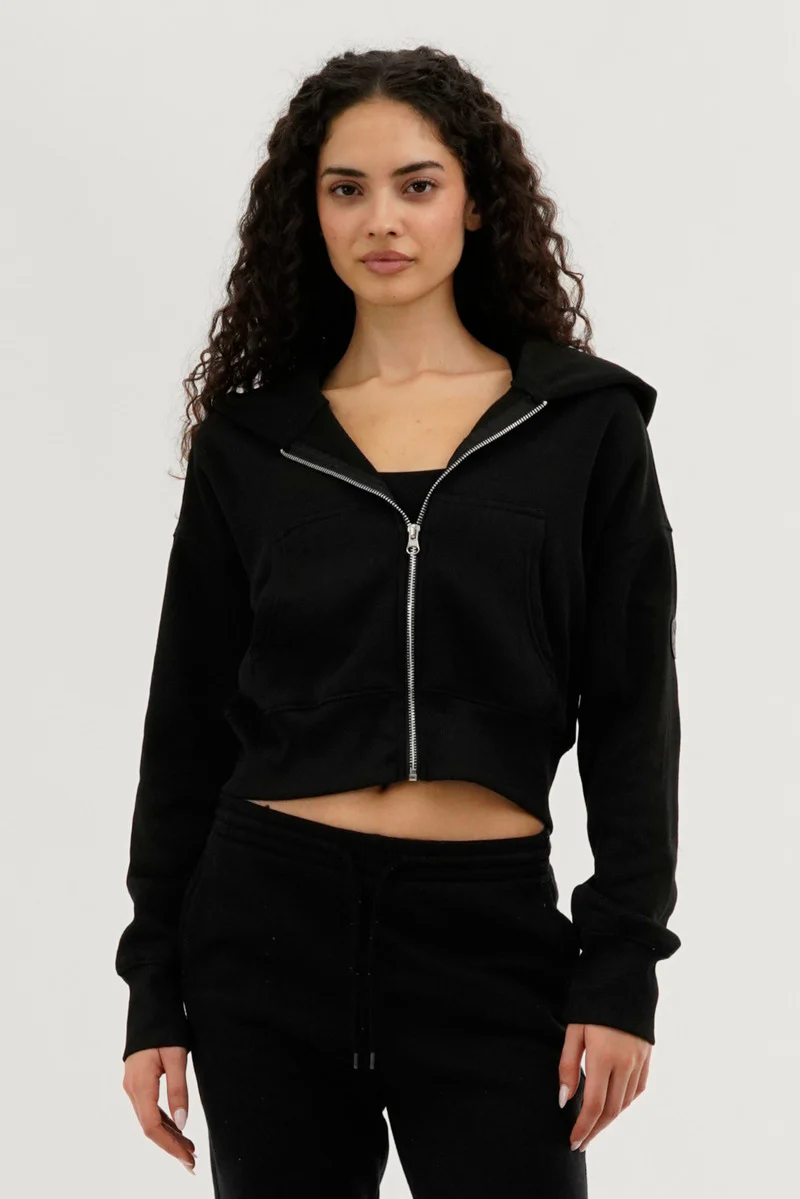 Fahrenheit Cropped Zip Up Hoodie - Black