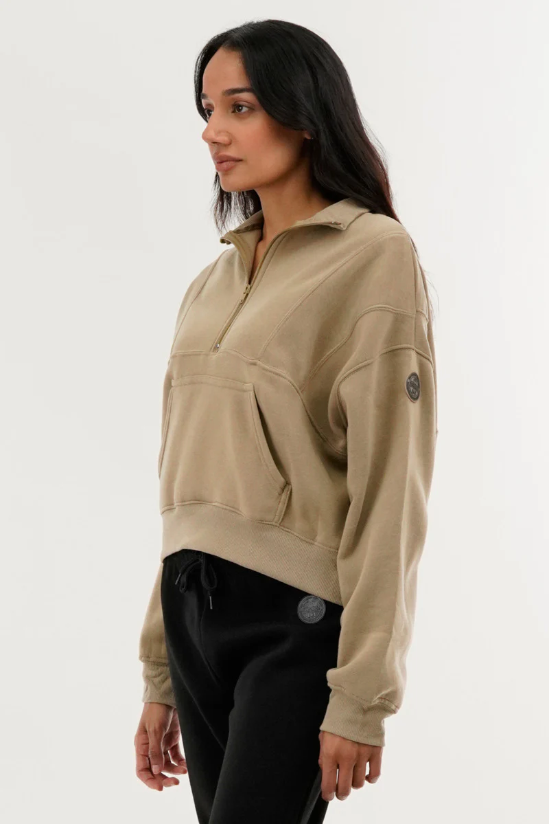 Fahrenheit Half Zip Cropped Sweatshirt - Beige - Image 2